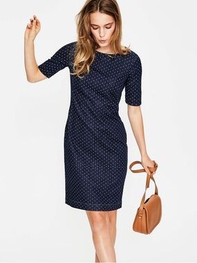 Boden Rhea Denim Sheath Dress Size 6L Blue Polka Dot Short-Sleeve Retro Washed